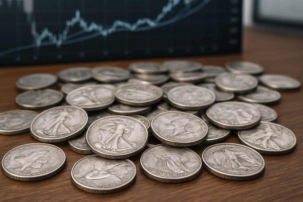 A pile of silver coins on a wooden table with a blurred background of a financial graph.
