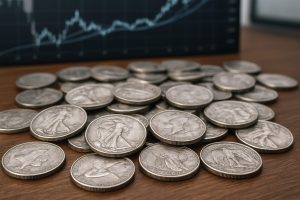 A pile of silver coins on a wooden table with a blurred background of a financial graph.